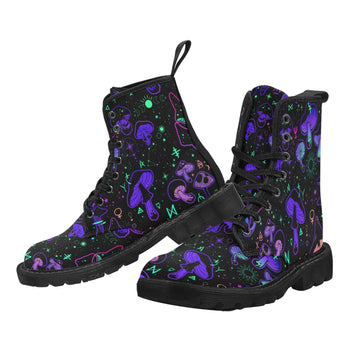 mushroom cult lace-up rave canvas boots with pull strap and black soles